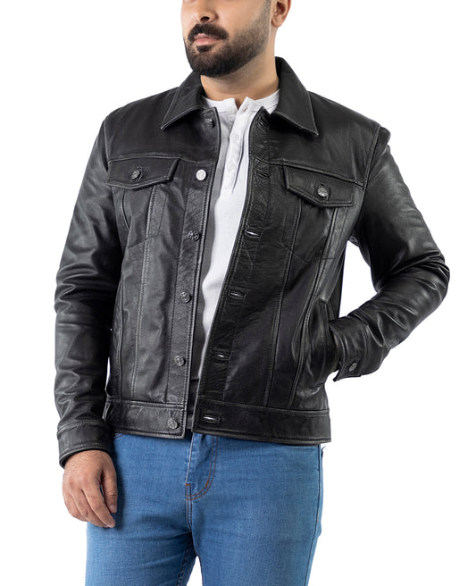 Men's Trucker Black Vintage Leather Jacket | Majestic Leather — front view | Majestic Leather UK