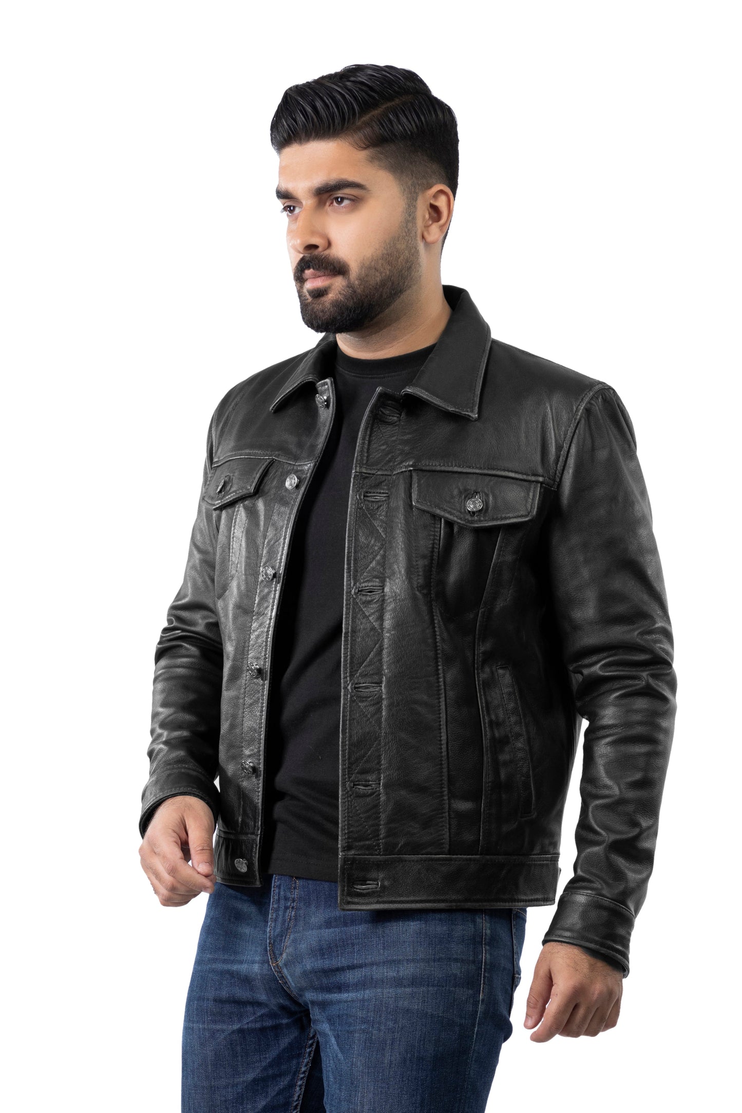 Men's Trucker Black Vintage Leather Jacket | Majestic Leather — back view | Majestic Leather UK