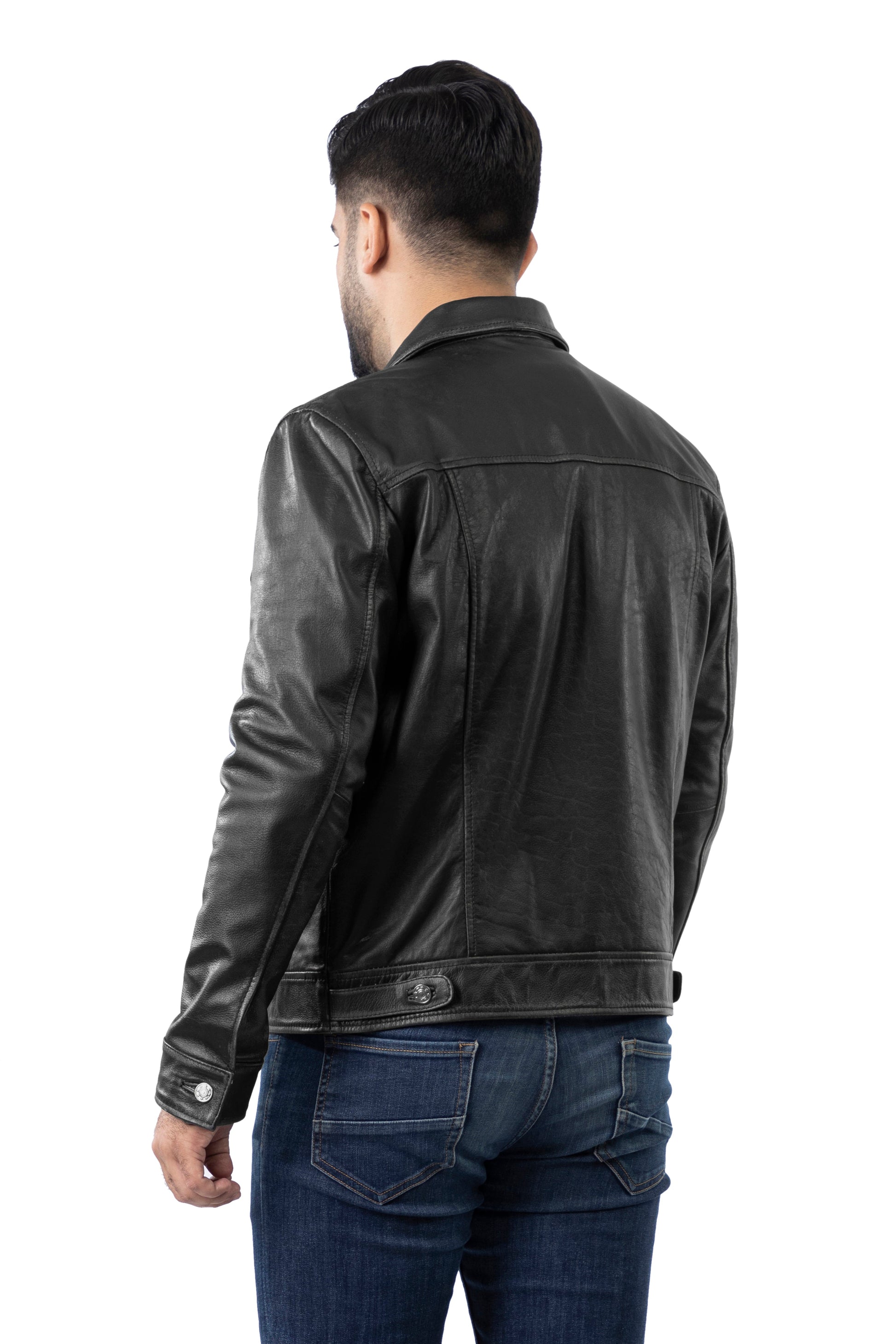 Men's Trucker Black Vintage Leather Jacket | Majestic Leather — side profile | Majestic Leather UK
