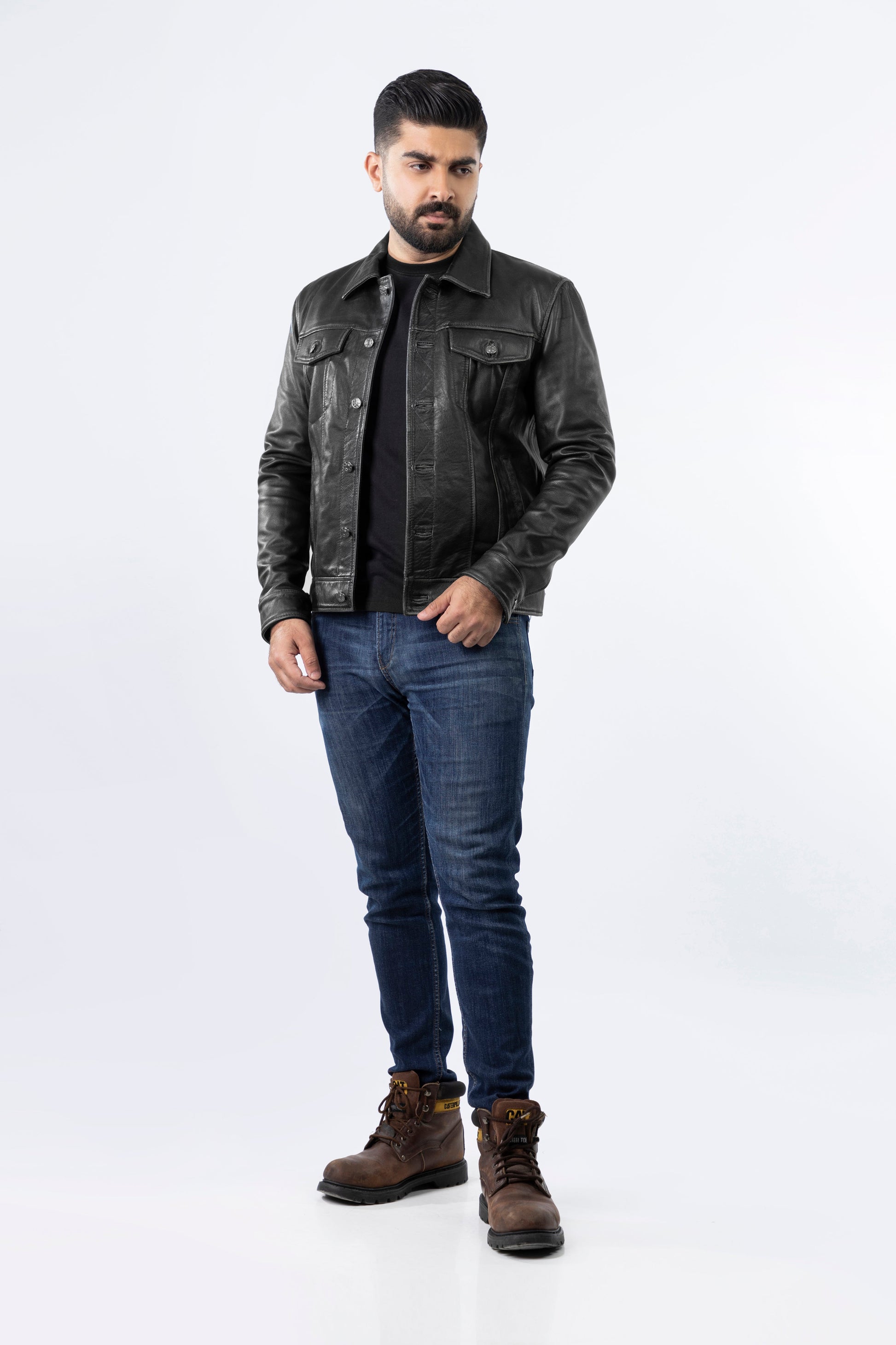 Men's Trucker Black Vintage Leather Jacket | Majestic Leather — collar detail | Majestic Leather UK