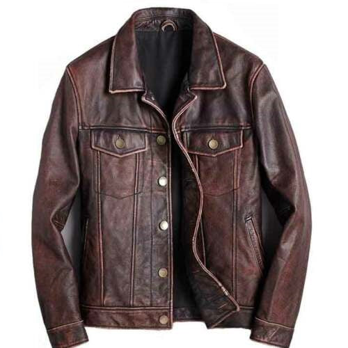 Men's Trucker Brown Vintage Leather Jacket | Majestic Leather — front view | Majestic Leather UK