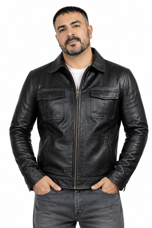 Men's New Black Genuine Lambskin Leather Trucker Jacket – Classic Casual Zip-Up Leather Coat Majestic Leather