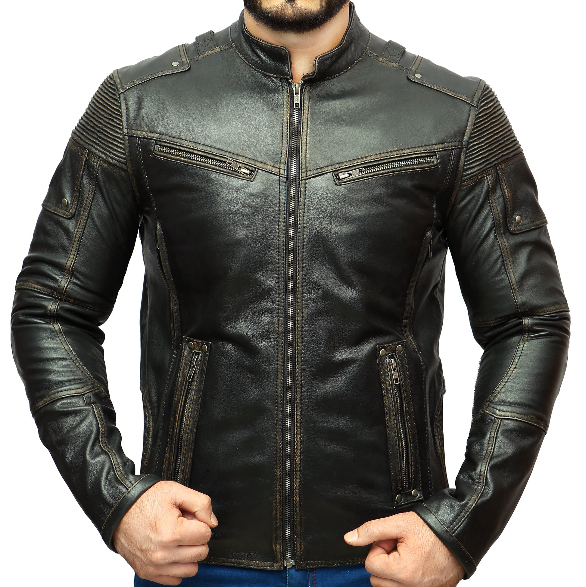 Black Distress Cafe Racer Real Leather Jacket | Majestic Leather — back view | Majestic Leather UK