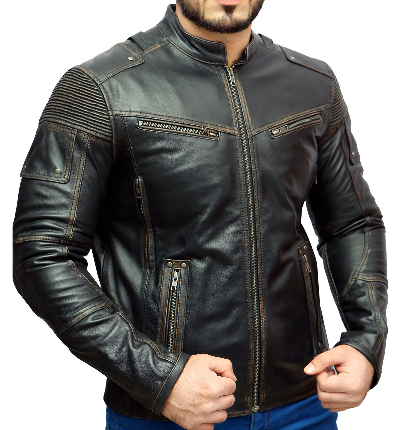Black Distress Cafe Racer Real Leather Jacket | Majestic Leather — side profile | Majestic Leather UK