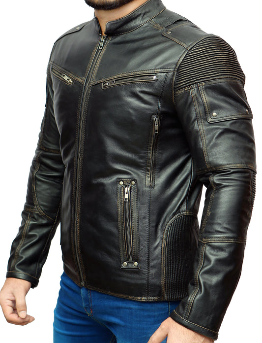 Black Distress Cafe Racer Real Leather Jacket | Majestic Leather — front view | Majestic Leather UK