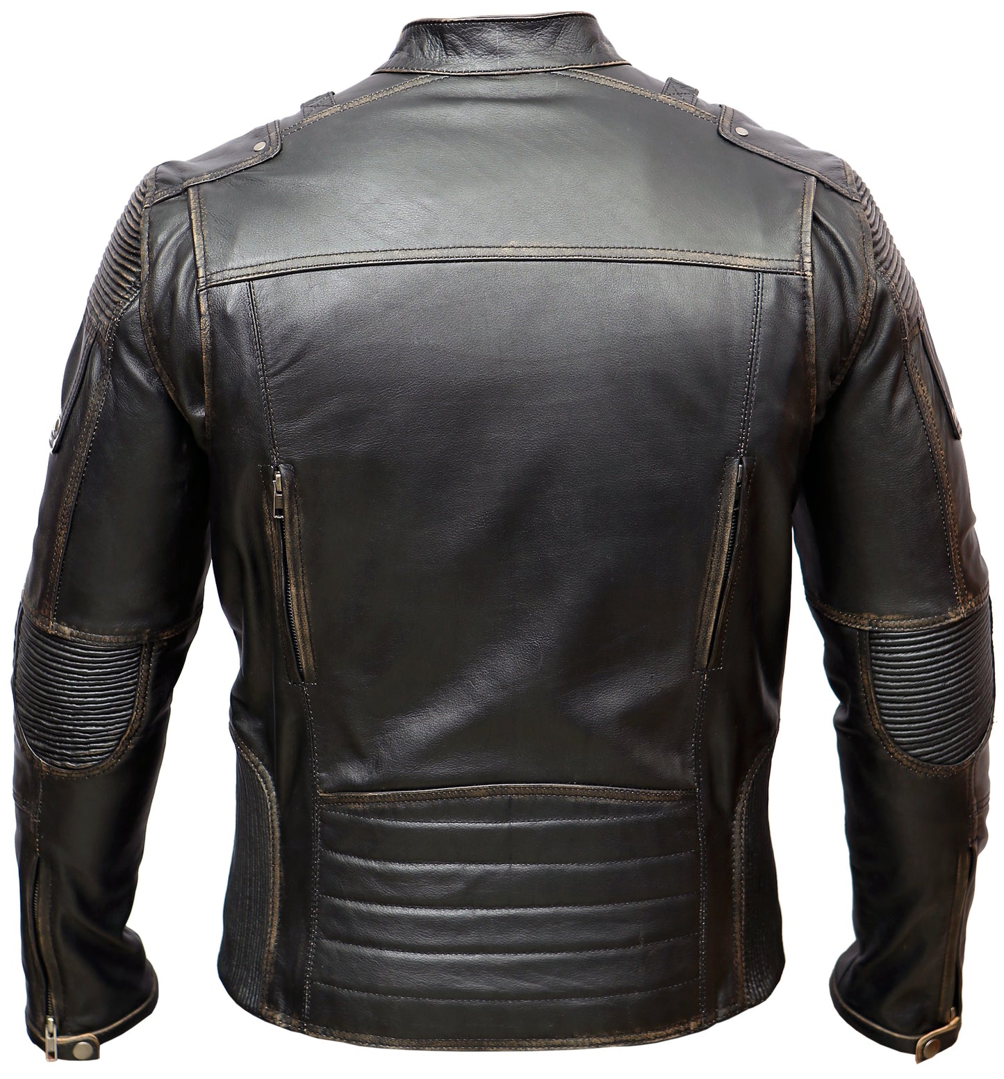 Black Distress Cafe Racer Real Leather Jacket | Majestic Leather — collar detail | Majestic Leather UK