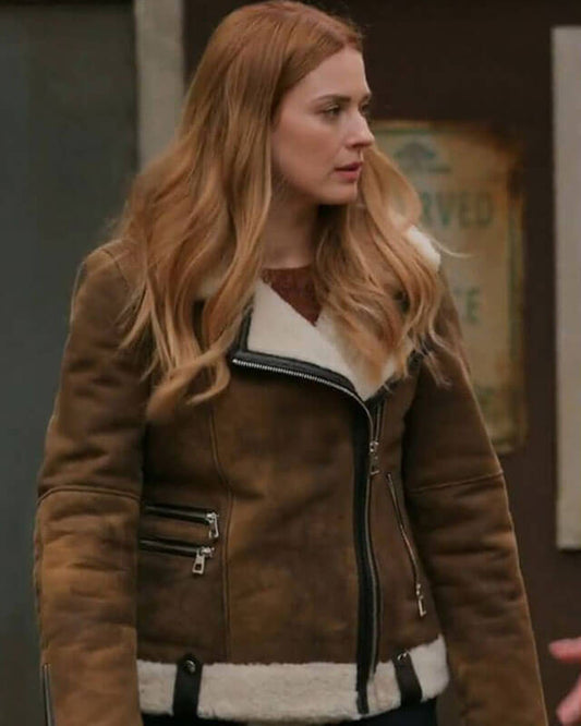 Women Biker - Virgin River Melinda Monroe Suede Shearling Jacket S01 — front view | Majestic Leather UK