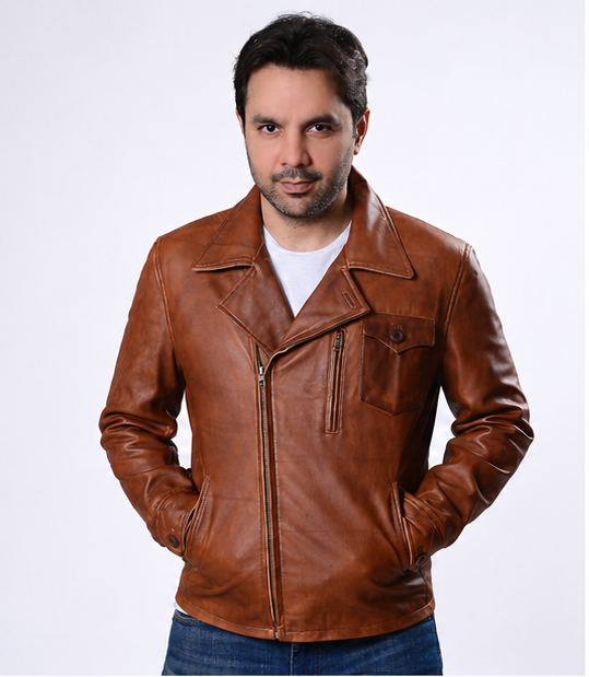 Majestic Leather - Men's Distressed Vintage Antique Brown Cafe Racer Genuine Leather Motorcycle Jacket Majestic Leather