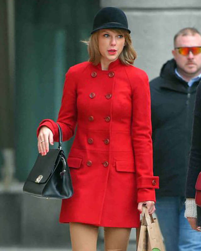 Taylor Swift Wool Red Peacoat — collar detail | Majestic Leather UK