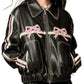 Women Biker - Pink Bow Black Leather Jacket — front view | Majestic Leather UK