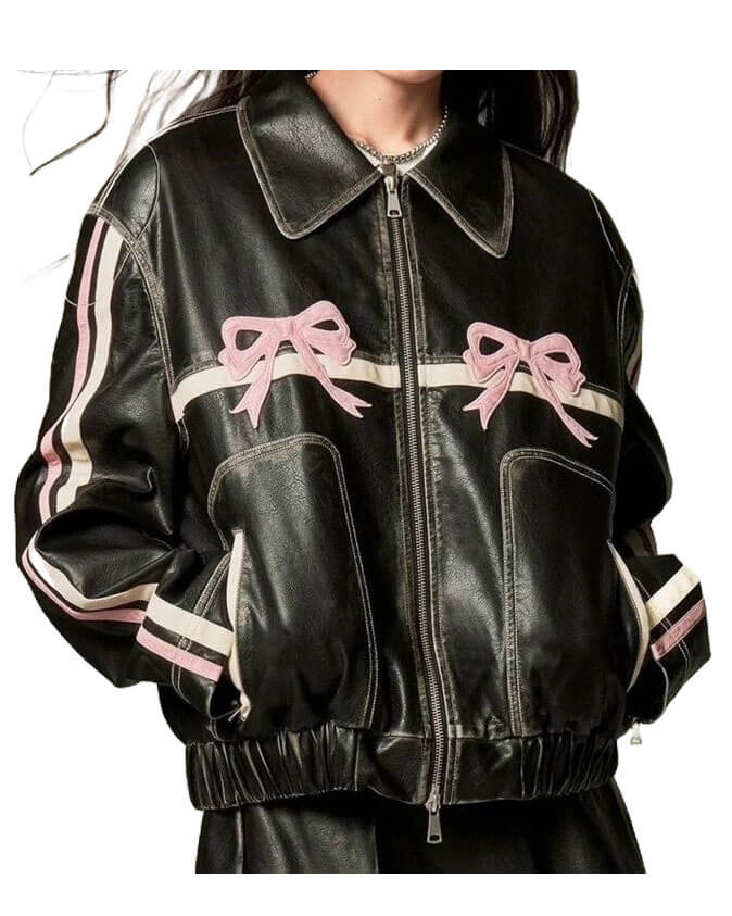 Women Biker - Pink Bow Black Leather Jacket — front view | Majestic Leather UK