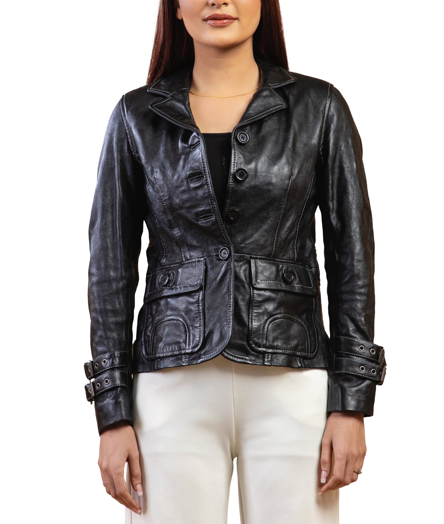 Woman Damen Real Leather Blazer Coat Black Jacket Soft Lambskin — front view | Majestic Leather UK