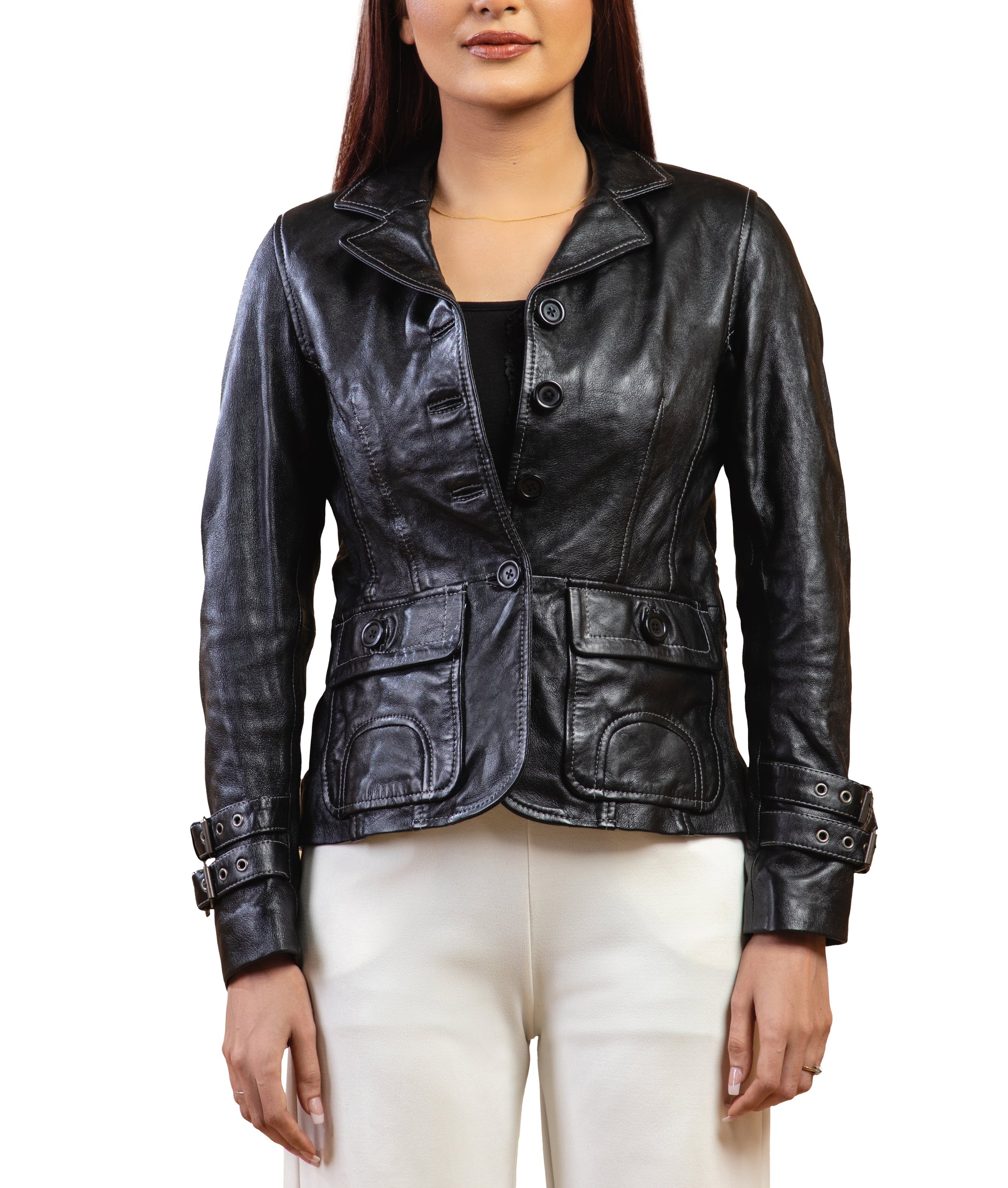 Woman Damen Real Leather Blazer Coat Black Jacket Soft Lambskin — front view | Majestic Leather UK