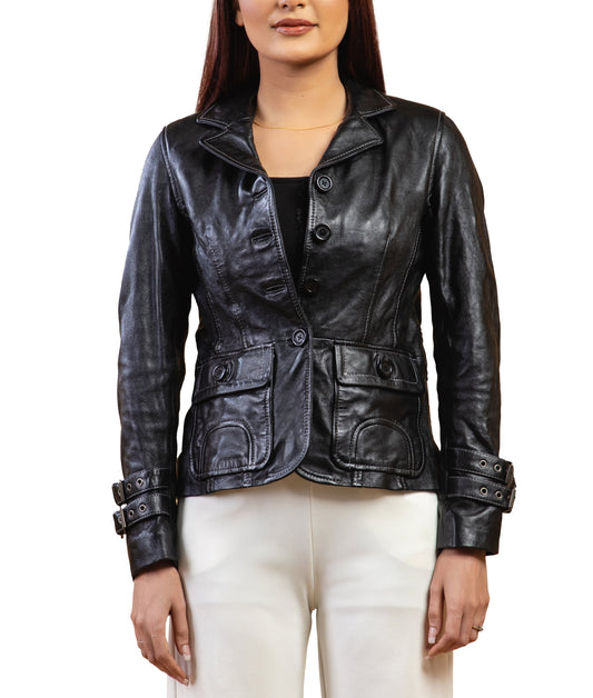 Woman Damen Real Leather Blazer Coat Black Jacket Soft Lambskin — front view | Majestic Leather UK