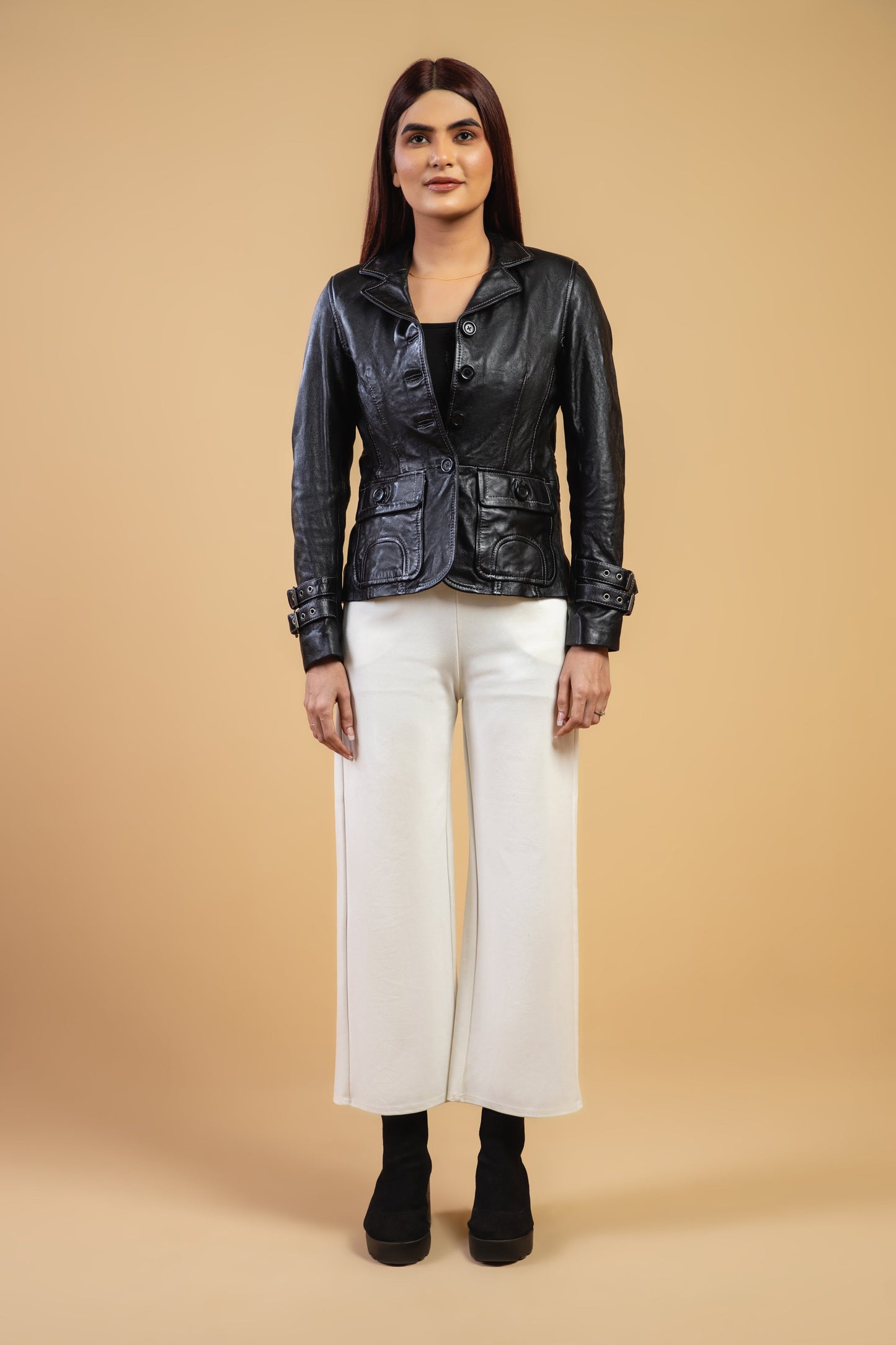 Woman Damen Real Leather Blazer Coat Black Jacket Soft Lambskin — product detail | Majestic Leather UK