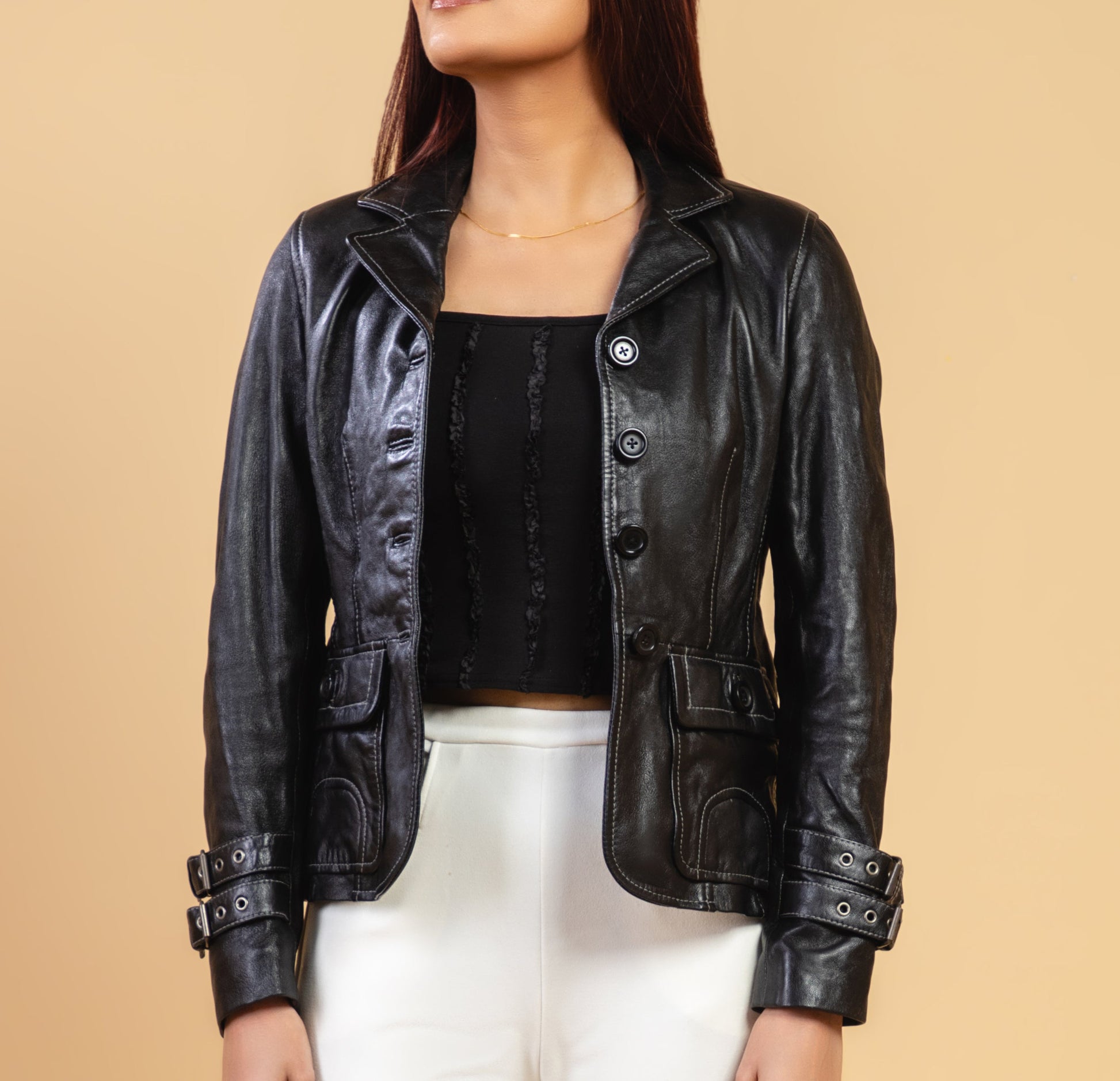 Woman Damen Real Leather Blazer Coat Black Jacket Soft Lambskin — back view | Majestic Leather UK