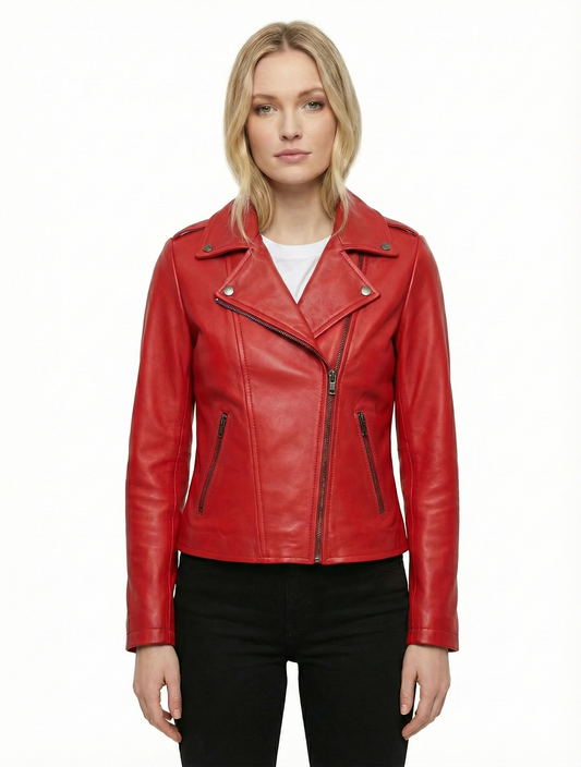 Woman Real Leather Classic Biker Jacket Soft Lambskin Style - 1177 — front view | Majestic Leather UK