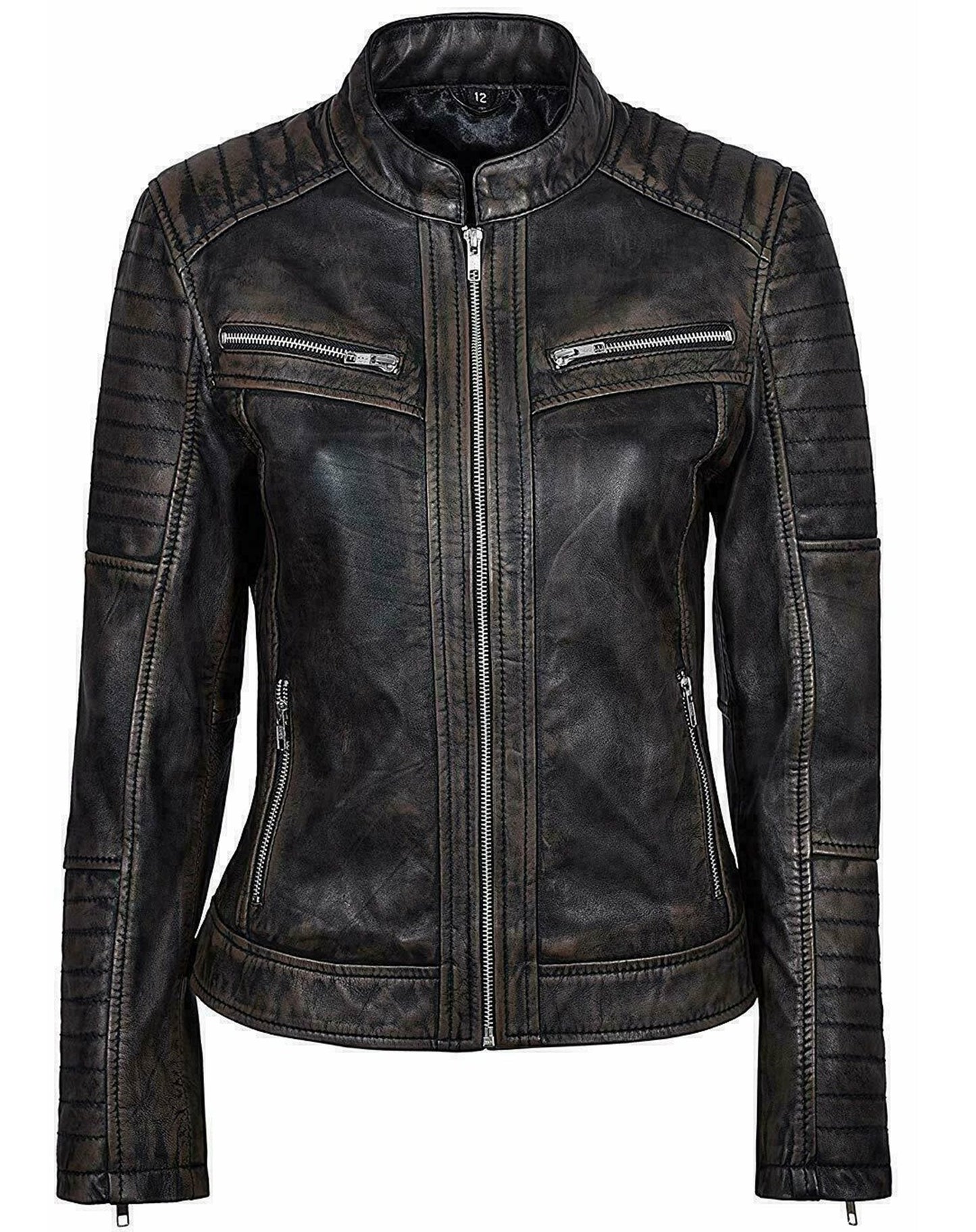 Woman Leather Biker Jacket Black Distress | Majestic Leather — front view | Majestic Leather UK