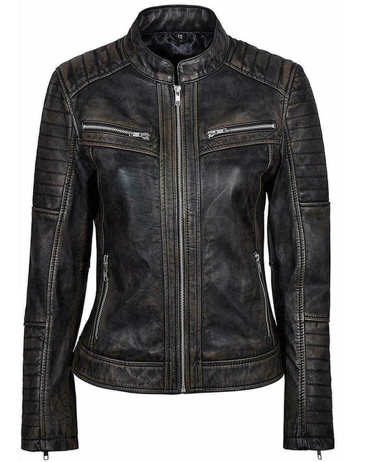 Woman Leather Biker Jacket Black Distress | Majestic Leather — front view | Majestic Leather UK