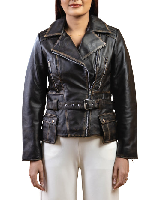 Woman Real Leather Biker Distress Vintage Jacket Soft Lambskin | Majestic Leather — front view | Majestic Leather UK