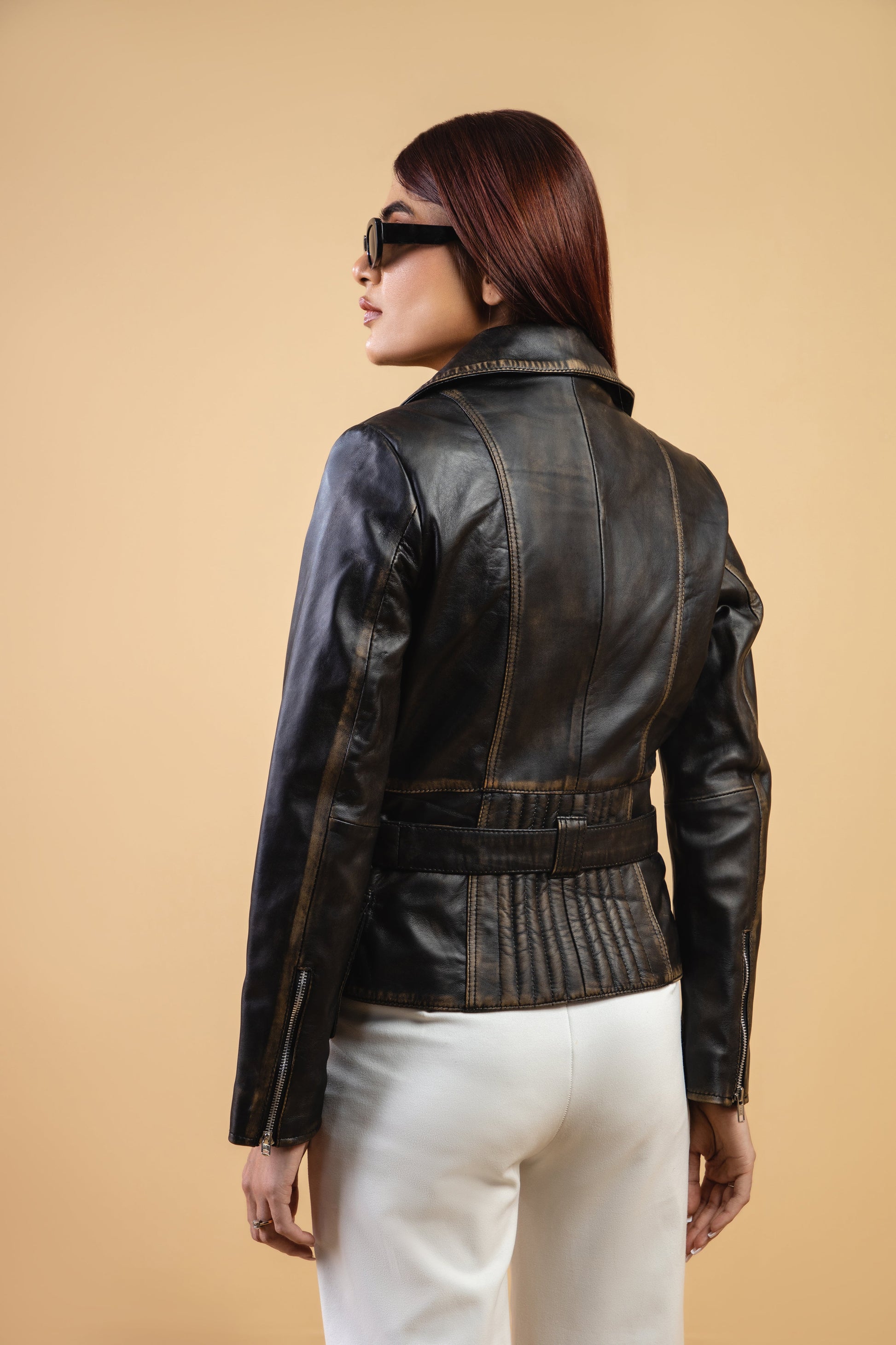 Woman Real Leather Biker Distress Vintage Jacket Soft Lambskin | Majestic Leather — collar detail | Majestic Leather UK