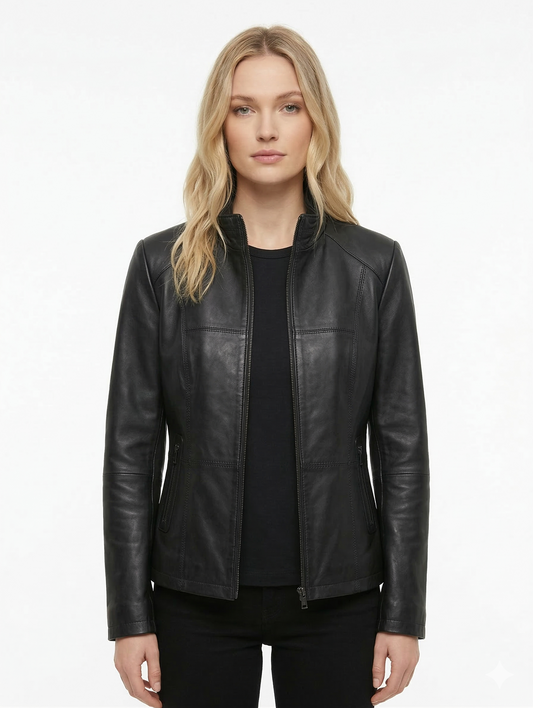 Woman Real Leather Classic Biker Jacket Soft Lambskin Style - 1187 — front view | Majestic Leather UK