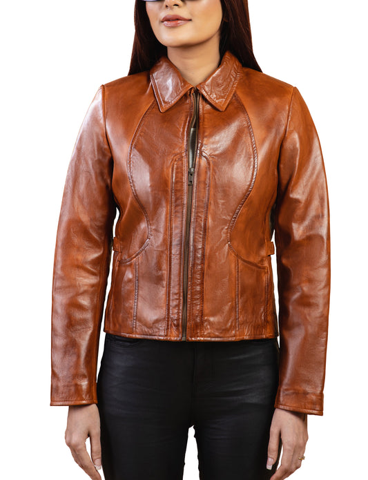 Woman Real Leather Tan Brown Lambskin Leather Jacket | Majestic Leather — front view | Majestic Leather UK