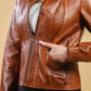 Woman Real Leather Tan Brown Lambskin Leather Jacket | Majestic Leather — collar detail | Majestic Leather UK