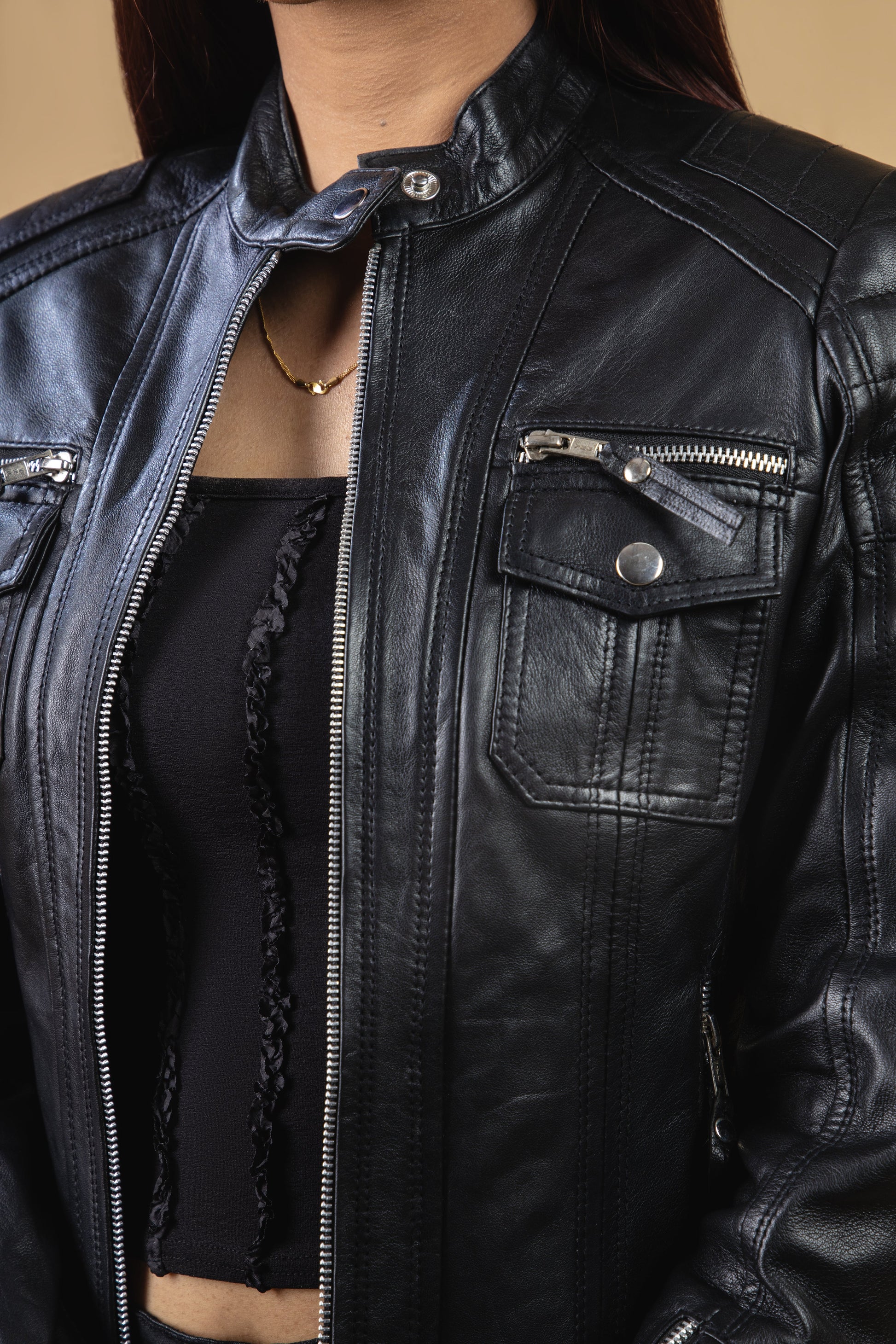 Woman Real Leather Biker Quilted Jacket Soft Lambskin | Majestic Leather — collar detail | Majestic Leather UK