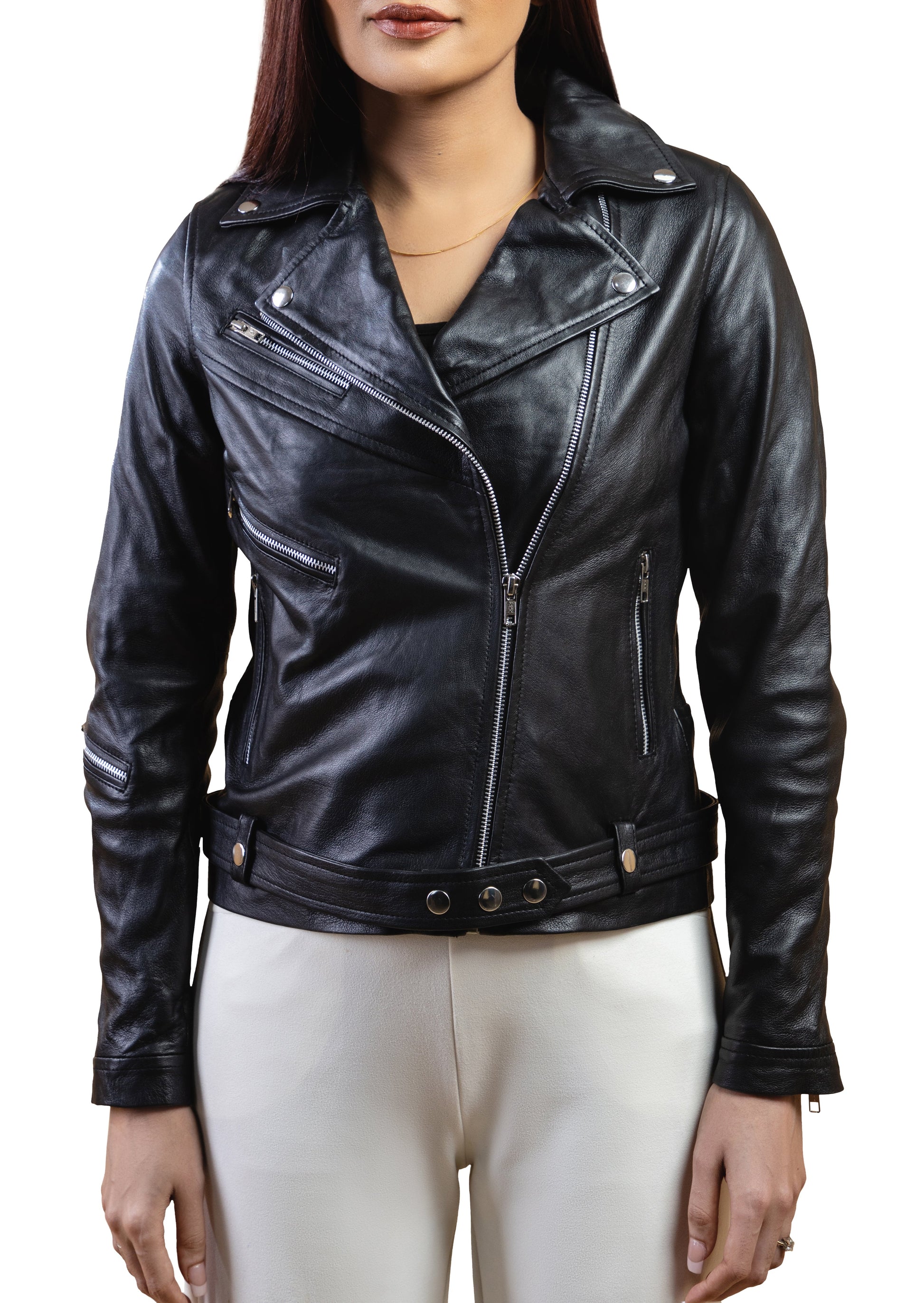 Woman Real Leather Classic Biker Leather Jacket Soft Lambskin | Majestic Leather — front view | Majestic Leather UK