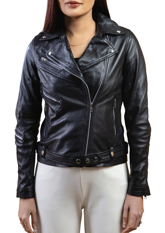 Woman Real Leather Classic Biker Leather Jacket Soft Lambskin | Majestic Leather — front view | Majestic Leather UK