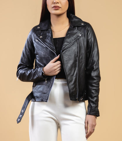 Woman Real Leather Classic Biker Leather Jacket Soft Lambskin | Majestic Leather — back view | Majestic Leather UK