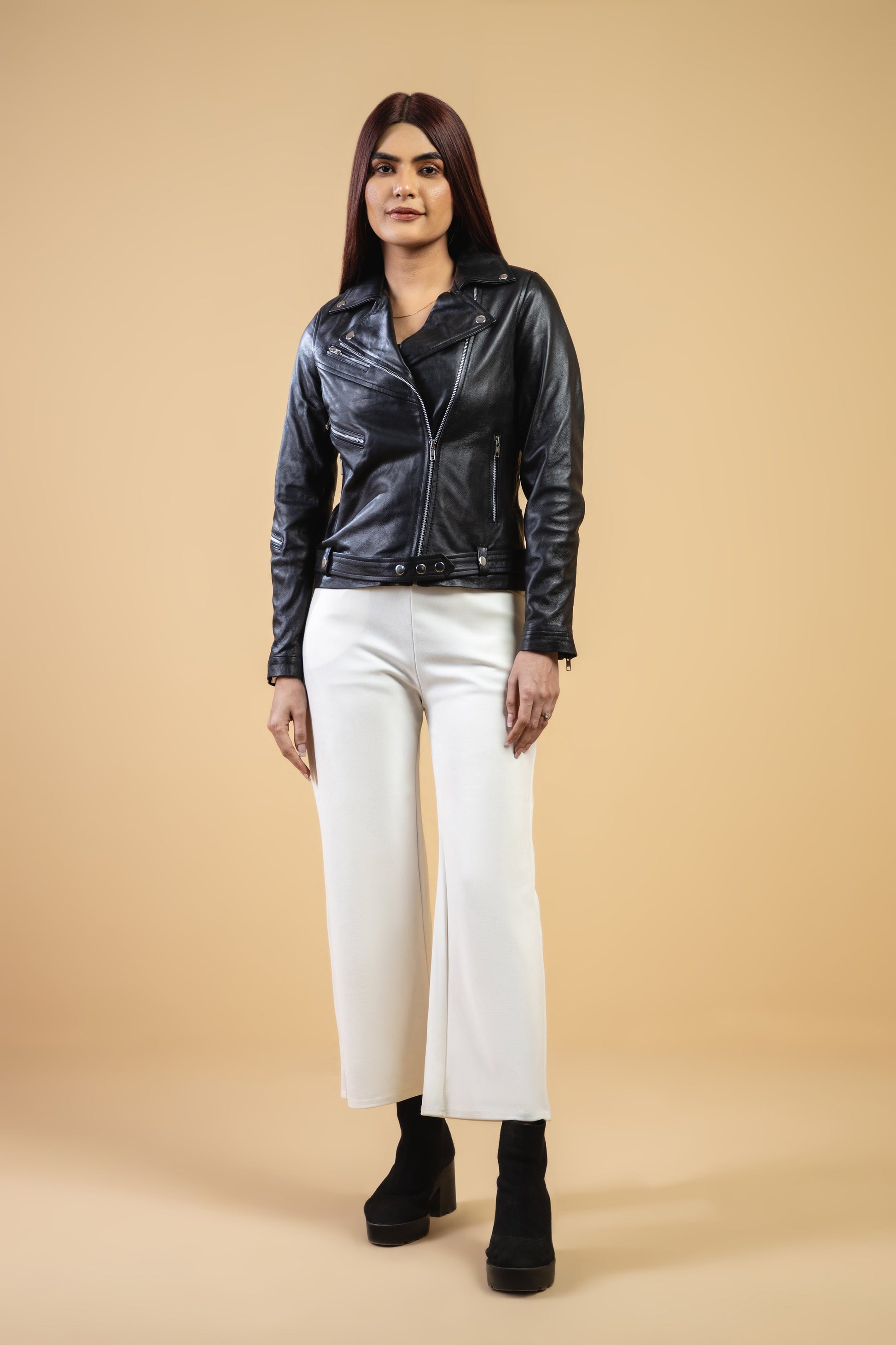 Woman Real Leather Classic Biker Leather Jacket Soft Lambskin | Majestic Leather — collar detail | Majestic Leather UK