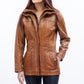 Woman Real Lambskin Camel Brown Three-quarter Leather Coat | Majestic Leather — front view | Majestic Leather UK