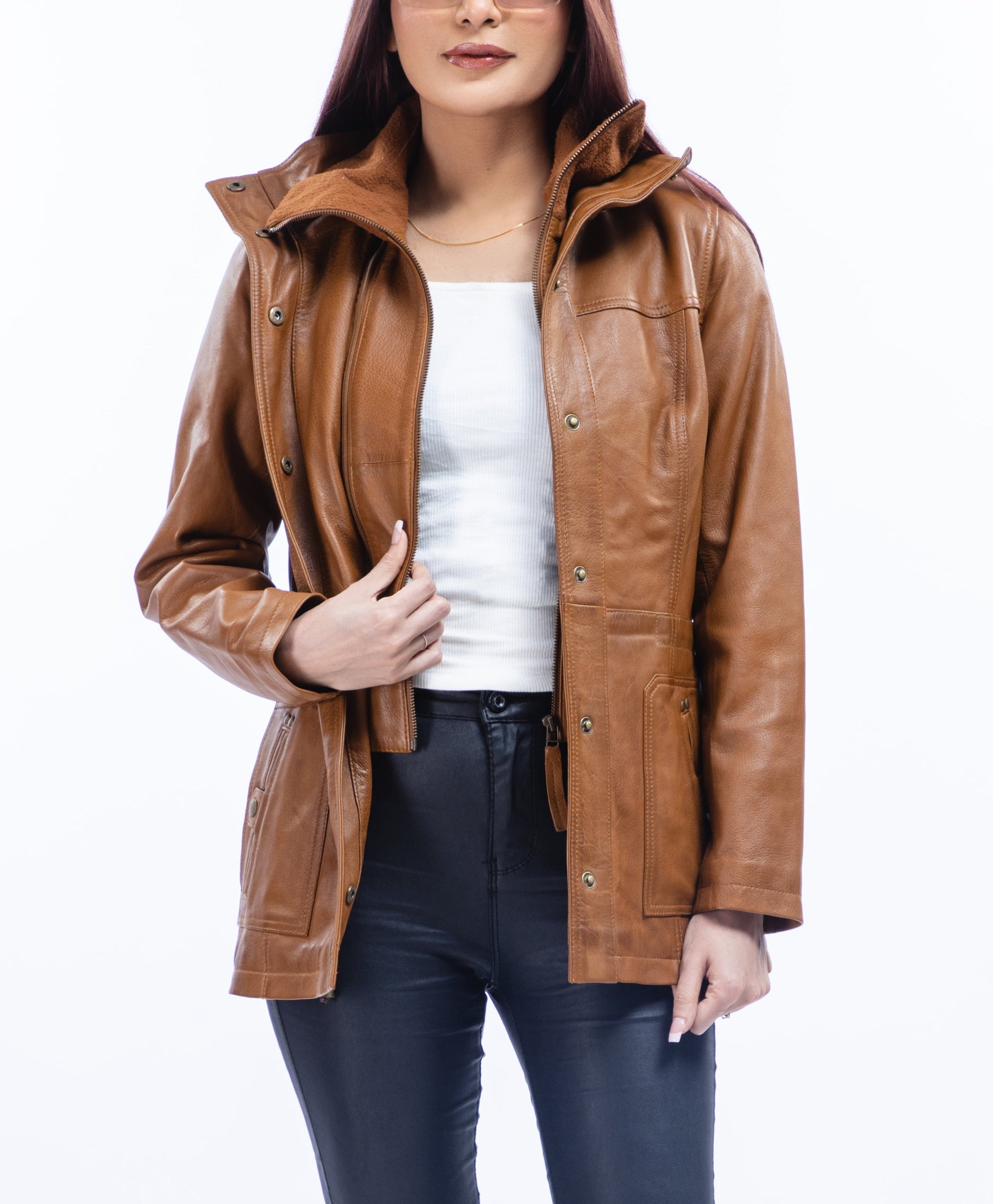 Woman Real Lambskin Camel Brown Three-quarter Leather Coat | Majestic Leather — back view | Majestic Leather UK