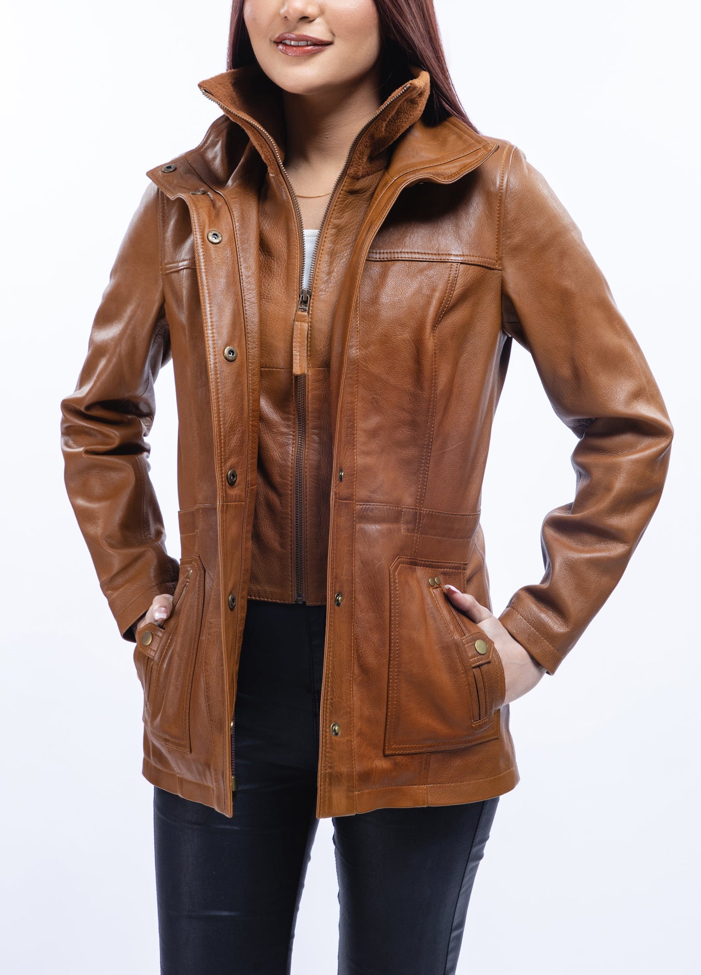 Woman Real Lambskin Camel Brown Three-quarter Leather Coat | Majestic Leather — side profile | Majestic Leather UK