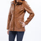 Woman Real Lambskin Camel Brown Three-quarter Leather Coat | Majestic Leather — collar detail | Majestic Leather UK