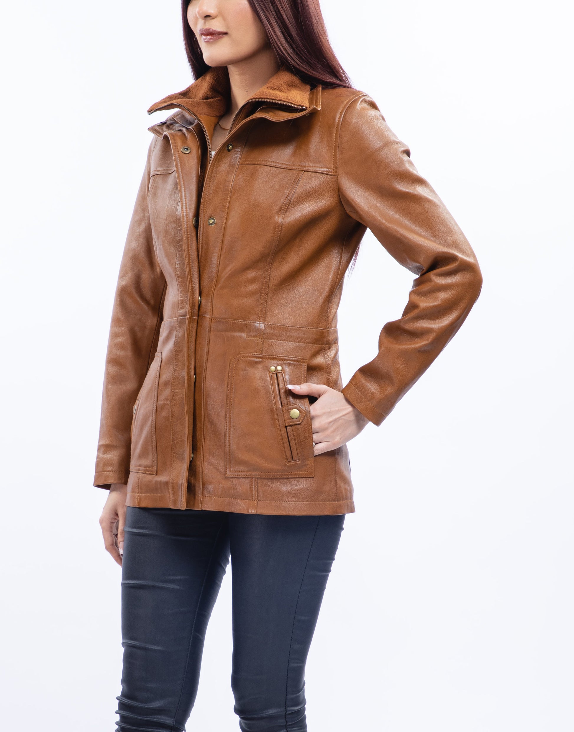 Woman Real Lambskin Camel Brown Three-quarter Leather Coat | Majestic Leather — collar detail | Majestic Leather UK