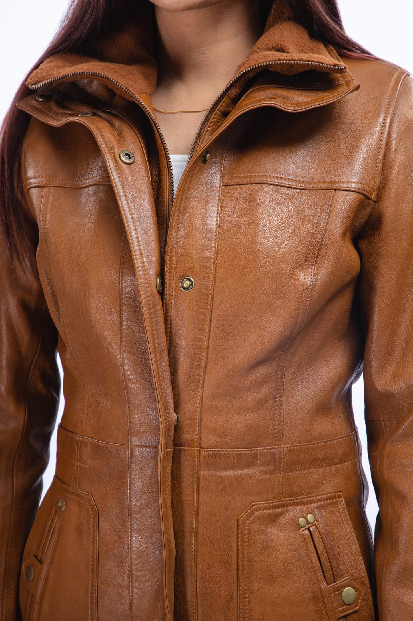 Woman Real Lambskin Camel Brown Three-quarter Leather Coat | Majestic Leather — interior lining | Majestic Leather UK