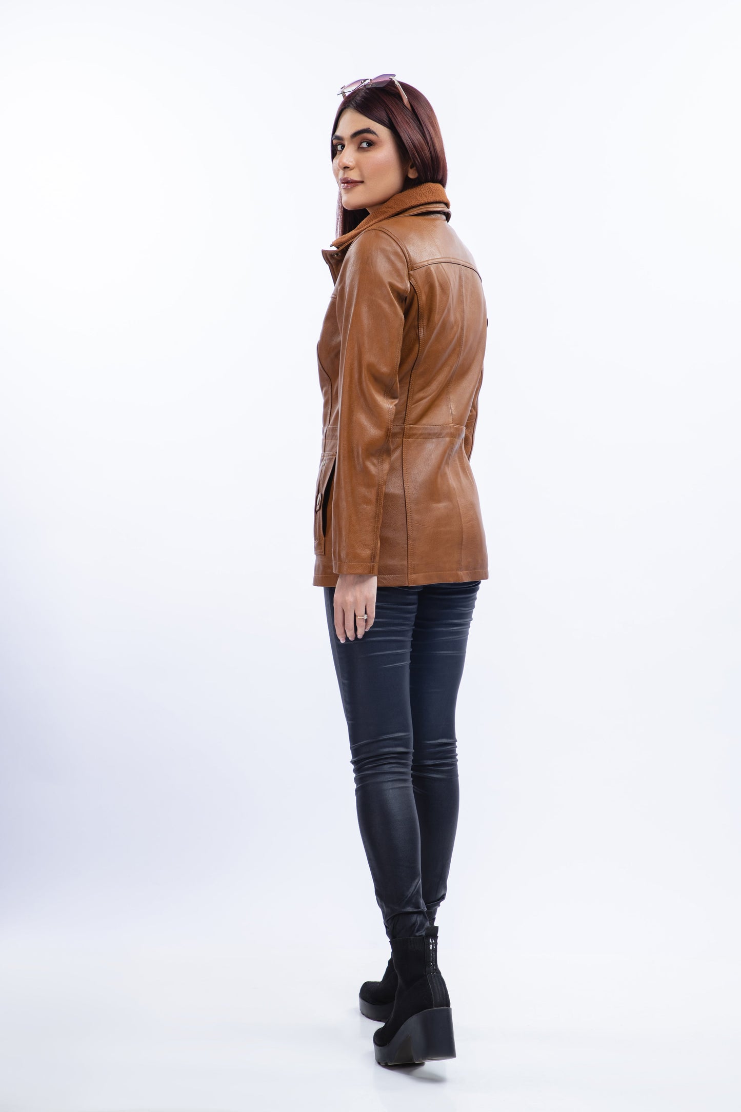 Woman Real Lambskin Camel Brown Three-quarter Leather Coat | Majestic Leather — sleeve detail | Majestic Leather UK