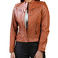Woman Real Leather Tan Brown Biker Lambskin Jacket | Majestic Leather — front view | Majestic Leather UK