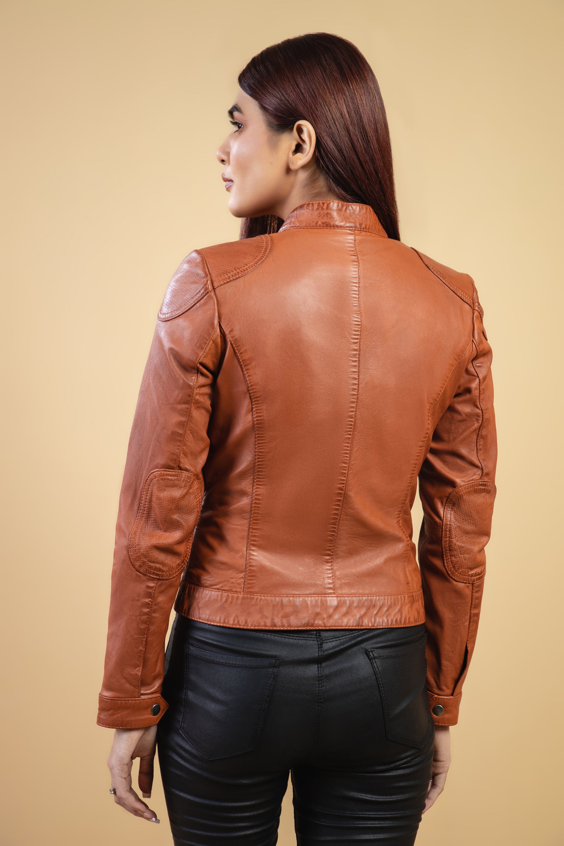 Woman Real Leather Tan Brown Biker Lambskin Jacket | Majestic Leather — sleeve detail | Majestic Leather UK