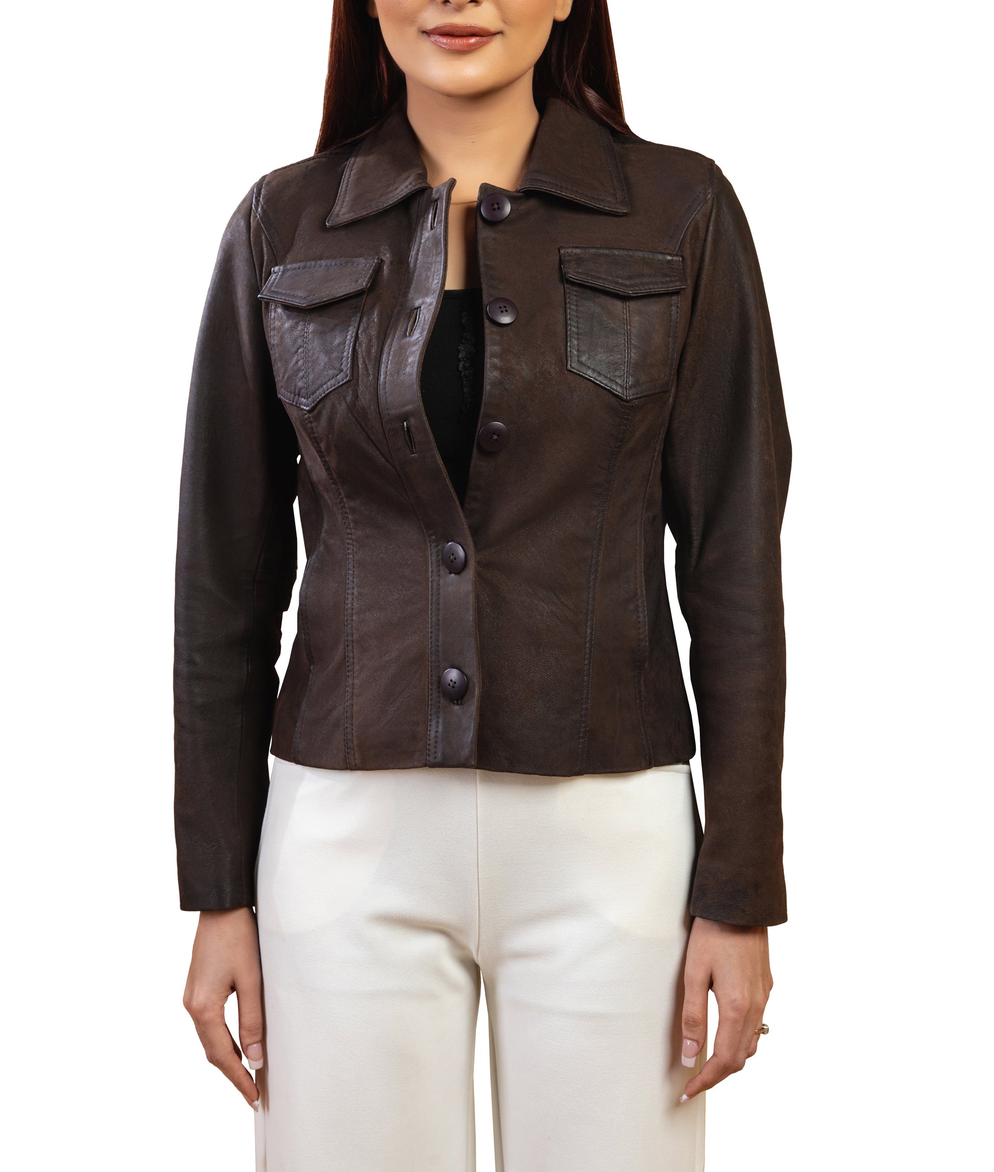 Woman Real Brown Snuff Lambskin Leather Jacket | Majestic Leather — front view | Majestic Leather UK