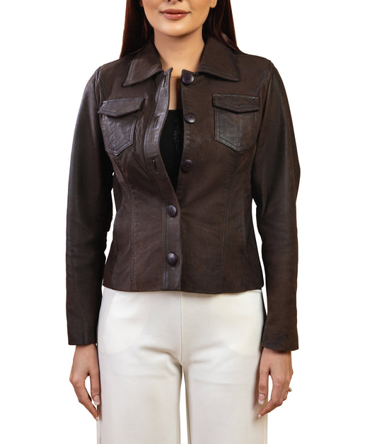 Woman Real Brown Snuff Lambskin Leather Jacket | Majestic Leather — front view | Majestic Leather UK