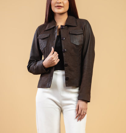 Woman Real Brown Snuff Lambskin Leather Jacket | Majestic Leather — back view | Majestic Leather UK