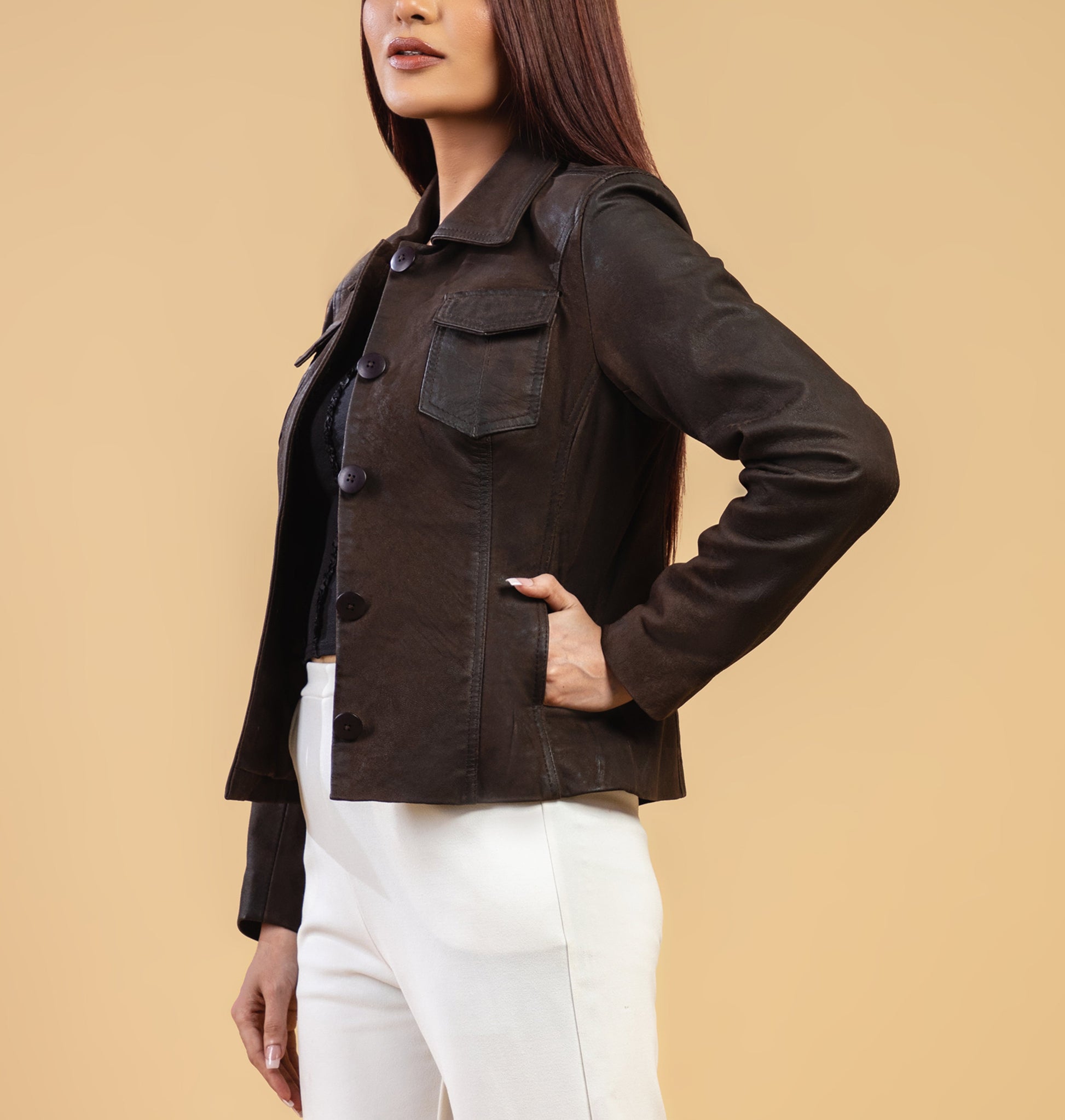 Woman Real Brown Snuff Lambskin Leather Jacket | Majestic Leather — side profile | Majestic Leather UK