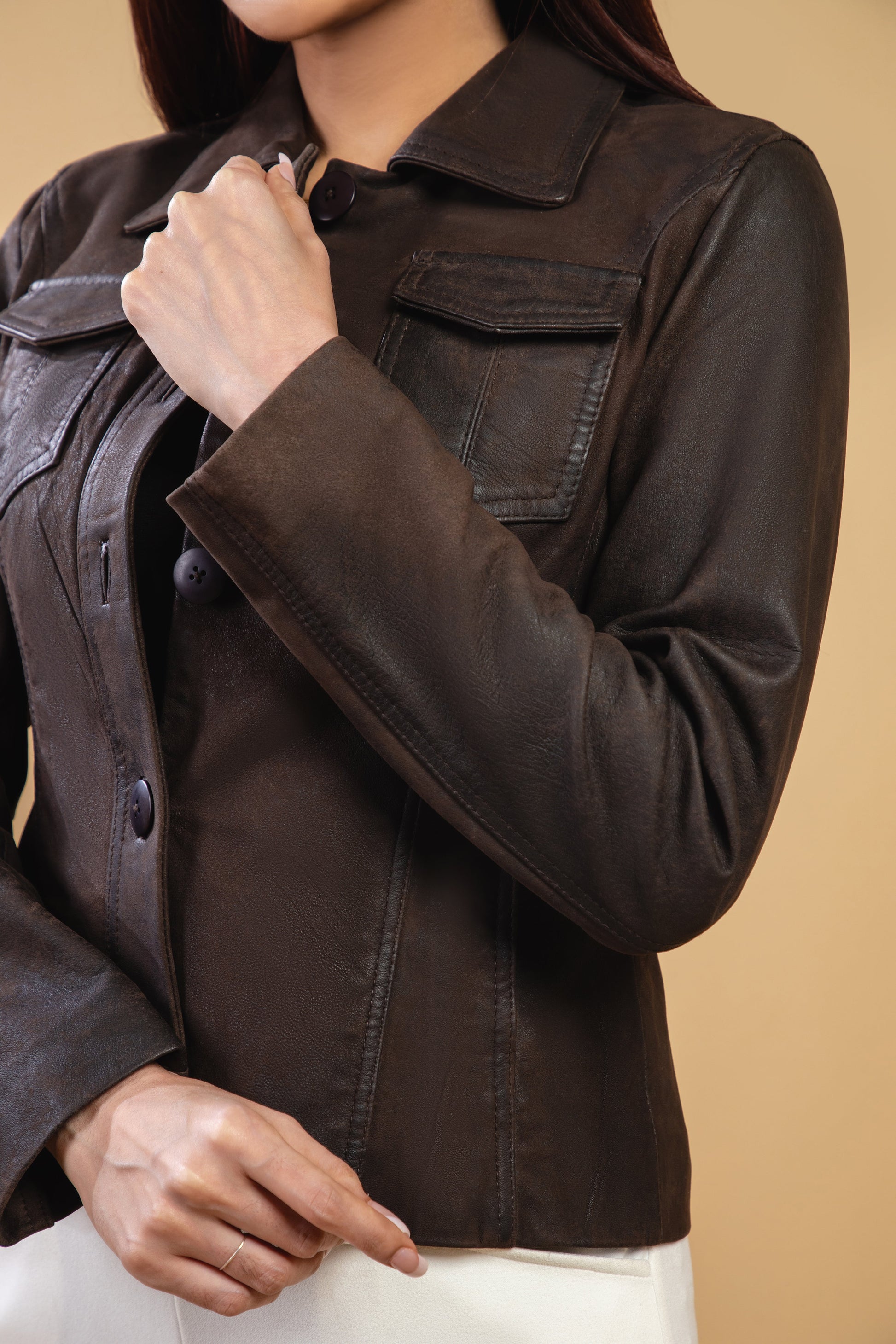 Woman Real Brown Snuff Lambskin Leather Jacket | Majestic Leather — sleeve detail | Majestic Leather UK