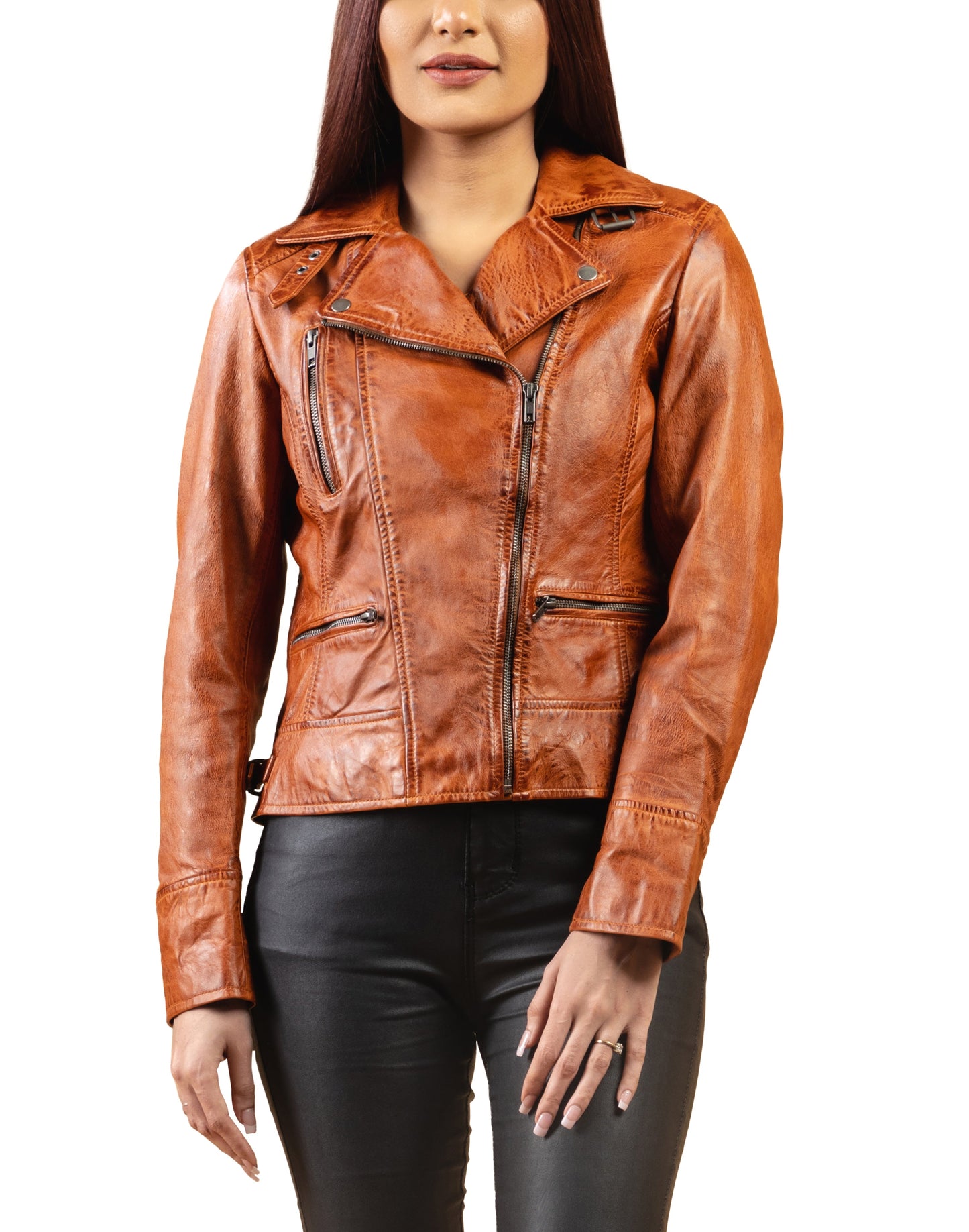 Woman Real Leather Biker Leather Jacket Tan Brown Waxed Soft Lambskin — front view | Majestic Leather UK