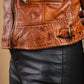 Woman Real Leather Biker Leather Jacket Tan Brown Waxed Soft Lambskin — collar detail | Majestic Leather UK