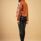 Woman Real Leather Biker Leather Jacket Tan Brown Waxed Soft Lambskin — sleeve detail | Majestic Leather UK